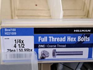 lot 293 image: Lot of (50) Hillman Zinc Full Thread Bolts 14x4-12  Hex Head  Coarse Thread #H221009
