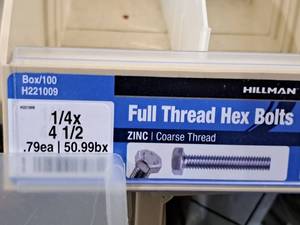 lot 294 image: Lot of (36) Hillman Zinc Full Thread Bolts 14x4-12  Hex Head  Coarse Thread #H221009