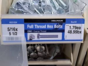 lot 297 image: Lot of (49) Hillman Zinc Full Thread Bolts 516x5-12  Hex Head  Coarse Thread #H221024