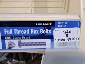 lot 298 image: Lot of (87) Hillman Zinc Full Thread Bolts 14x6  Hex Head  Coarse Thread #H221011