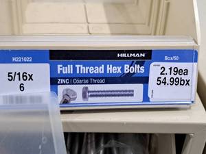 lot 299 image: Lot of (24) Hillman Zinc Full Thread Bolts 516x6  Hex Head  Coarse Thread #H221022