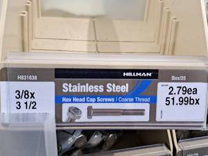 lot 300 image: Lot of (31) Hillman Stainless Steel Cap Screws 38x3-12  Hex Head  Coarse Thread #H831638