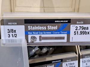 lot 301 image: Lot of (25) Hillman Stainless Steel Cap Screws 38x3-12  Hex Head  Coarse Thread #H831638