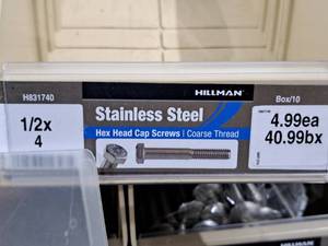 lot 302 image: Lot of (12) Hillman Stainless Steel Cap Screws 12x4  Hex Head  Coarse Thread #H831740