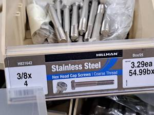 lot 303 image: Lot of (24) Hillman Stainless Steel Cap Screws 38x4  Hex Head  Coarse Thread #H831642