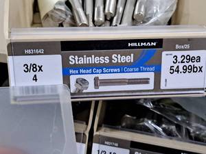 lot 304 image: Lot of (25) Hillman Stainless Steel Cap Screws 38x4  Hex Head  Coarse Thread #H831642