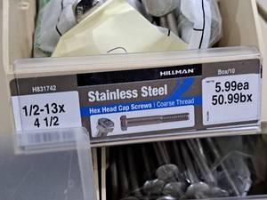 lot 305 image: Lot of (11) Hillman Stainless Steel Cap Screws 12-13x4-12  Hex Head  Coarse Thread #H831742