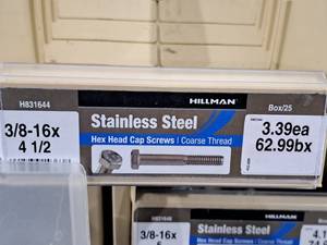 lot 307 image: Lot of (36) Hillman Stainless Steel Cap Screws 38-16x4-12  Hex Head  Coarse Thread #H831644