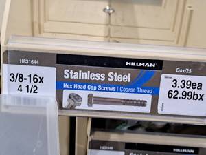 lot 308 image: Lot of (25) Hillman Stainless Steel Cap Screws 38-16x4-12  Hex Head  Coarse Thread #H831644