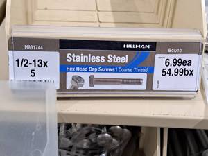 lot 309 image: Lot of (11) Hillman Stainless Steel Cap Screws 12-13x5  Hex Head  Coarse Thread #H831744