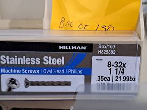 lot 312 image: Lot of (230) Hillman Stainless Steel Machine Screws 8-32x1-14  Oval Head  Phillips Drive #H825882