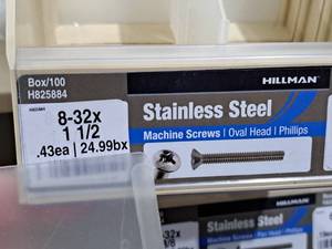 lot 313 image: Lot of (250) Hillman Stainless Steel Machine Screws 8-32x1-12  Oval Head  Phillips Drive #H825884