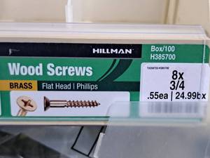 lot 329 image: Lot of (200) Hillman Brass Wood Screws 8x34  Flat Head  Phillips Drive #H385700