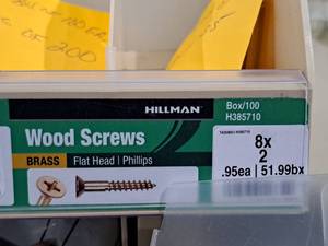 lot 335 image: Lot of (35) Hillman Brass Wood Screws 8x2  Flat Head  Phillips Drive #H385710