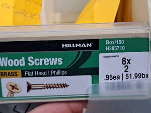 lot 336 image: Lot of (200) Hillman Brass Wood Screws 8x2  Flat Head  Phillips Drive #H385710