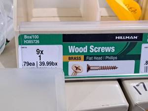 lot 338 image: Lot of (100) Hillman Brass Wood Screws 9x1  Flat Head  Phillips Drive #H385726