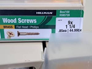 lot 339 image: Lot of (100) Hillman Brass Wood Screws 9x1-14  Flat Head  Phillips Drive #H385728