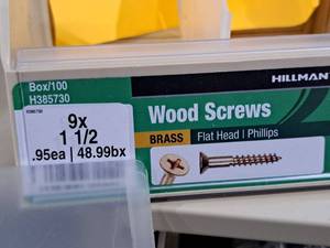 lot 342 image: Lot of (100) Hillman Brass Wood Screws 9x1-12  Flat Head  Phillips Drive #H385730
