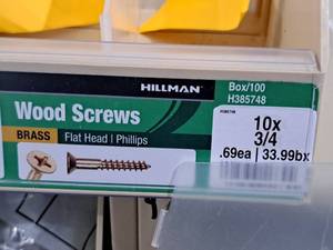 lot 343 image: Lot of (100) Hillman Brass Wood Screws 10x34  Flat Head  Phillips Drive #H385748