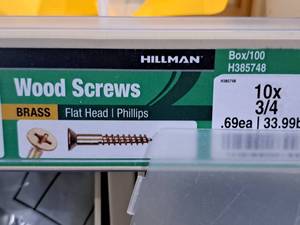 lot 344 image: Lot of (100) Hillman Brass Wood Screws 10x34  Flat Head  Phillips Drive #H385748