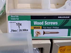 lot 345 image: Lot of (100) Hillman Brass Wood Screws 10x1  Flat Head  Phillips Drive #H385750