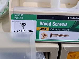 lot 346 image: Lot of (200) Hillman Brass Wood Screws 10x1  Flat Head  Phillips Drive #H385750