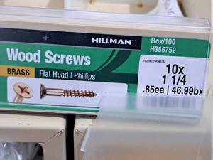 lot 347 image: Lot of (145) Hillman Brass Wood Screws 10x1-14  Flat Head  Phillips Drive #H385752