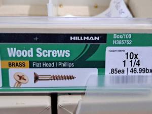 lot 348 image: Lot of (200) Hillman Brass Wood Screws 10x1-14  Flat Head  Phillips Drive #H385752