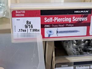 lot 349 image: Lot of (100) Hillman Zinc Self-Piercing Screws 8x916  Truss Head  Phillips Drive #H82200