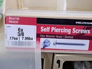 lot 358 image: Lot of (200) Hillman Self Piercing Screws 6x38  Hex Washer Head  Slotted Drive #H82220
