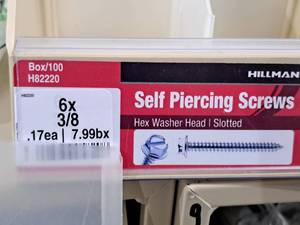 lot 359 image: Lot of (200) Hillman Self Piercing Screws 6x38  Hex Washer Head  Slotted Drive #H82220