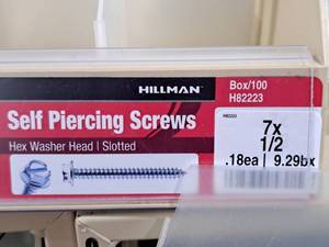 lot 360 image: Lot of (200) Hillman Self Piercing Screws 7x12  Hex Washer Head  Slotted Drive #H82223