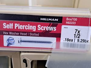 lot 361 image: Lot of (200) Hillman Self Piercing Screws 7x12  Hex Washer Head  Slotted Drive #H82223