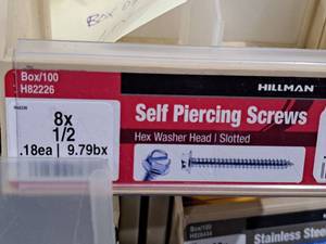 lot 362 image: Lot of (200) Hillman Self Piercing Screws 8x12  Hex Washer Head  Slotted Drive #H82226