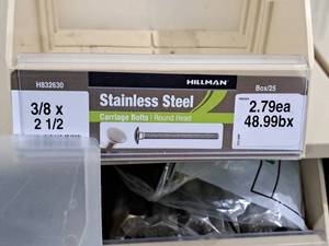 lot 369 image: Lot of (30) Hillman Stainless Steel Carriage Bolts 38x2-12  Round Head #H832630