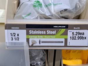 lot 374 image: Lot of (11) Hillman Stainless Steel Carriage Bolts 12x3-12  Round Head #H832664