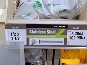 lot 375 image: Lot of (25) Hillman Stainless Steel Carriage Bolts 12x3-12  Round Head #H832664