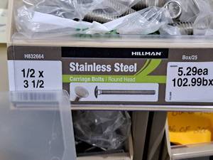 lot 376 image: Lot of (25) Hillman Stainless Steel Carriage Bolts 12x3-12  Round Head #H832664