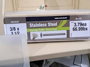 lot 378 image: Lot of (25) Hillman Stainless Steel Carriage Bolts 38x3-12  Round Head #H832638