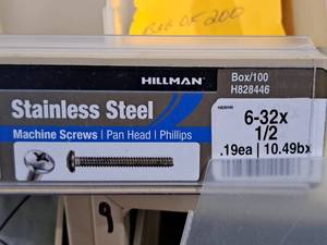 lot 383 image: Lot of (200) Hillman Stainless Steel Machine Screws 6-32x12  Pan Head  Phillips Drive #H828446