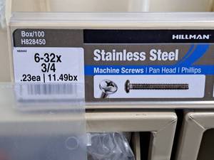 lot 386 image: Lot of (100) Hillman Stainless Steel Machine Screws 6-32x34  Pan Head  Phillips Drive #H828450