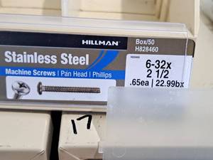 lot 394 image: Lot of (70) Hillman Stainless Steel Machine Screws 6-32x2-12  Pan Head  Phillips Drive #H828460