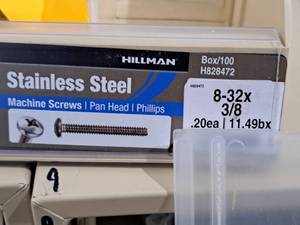 lot 396 image: Lot of (300) Hillman Stainless Steel Machine Screws 6-32x38  Pan Head  Phillips Drive #H828472