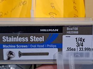 lot 404 image: Lot of (160) Hillman Stainless Steel Machine Screws 14x34  Oval Head  Phillips Drive #H825988