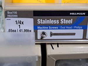 lot 405 image: Lot of (65) Hillman Stainless Steel Machine Screws 14x1  Oval Head  Phillips Drive #H825990