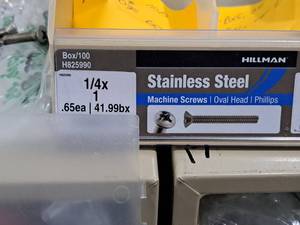 lot 406 image: Lot of (100) Hillman Stainless Steel Machine Screws 14x1  Oval Head  Phillips Drive #H825990