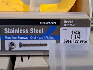 lot 407 image: Lot of (65) Hillman Stainless Steel Machine Screws 14x1-14  Oval Head  Phillips Drive #H825992