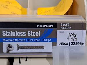 lot 408 image: Lot of (100) Hillman Stainless Steel Machine Screws 14x1-14  Oval Head  Phillips Drive #H825992