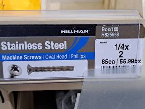 lot 411 image: Lot of (100) Hillman Stainless Steel Machine Screws 14x2  Oval Head  Phillips Drive #H825998
