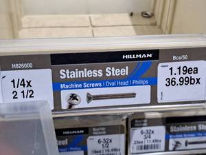 lot 413 image: Lot of (50) Hillman Stainless Steel Machine Screws 14x2-12  Oval Head  Phillips Drive #H826000